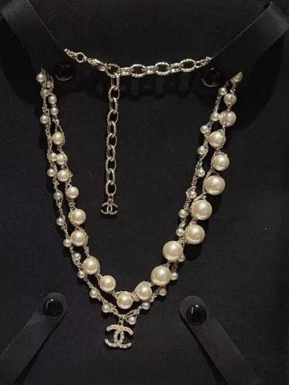 Chanel Double Layer Pearl Necklace Crystal Interlocking CC Logo